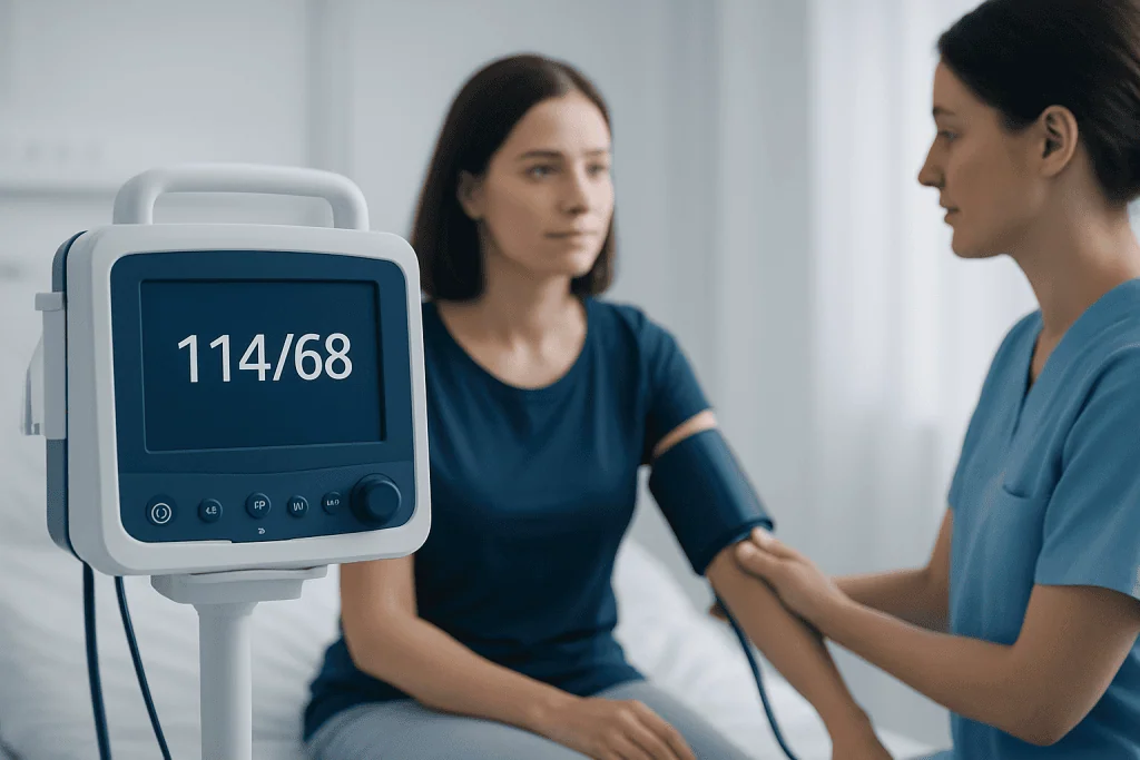 Blood pressure monitor displaying 114/68 reading during a medical checkup.