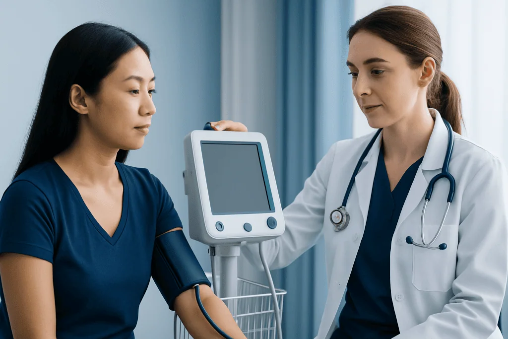 Doctor measuring patient's blood pressure with monitor in clinic.