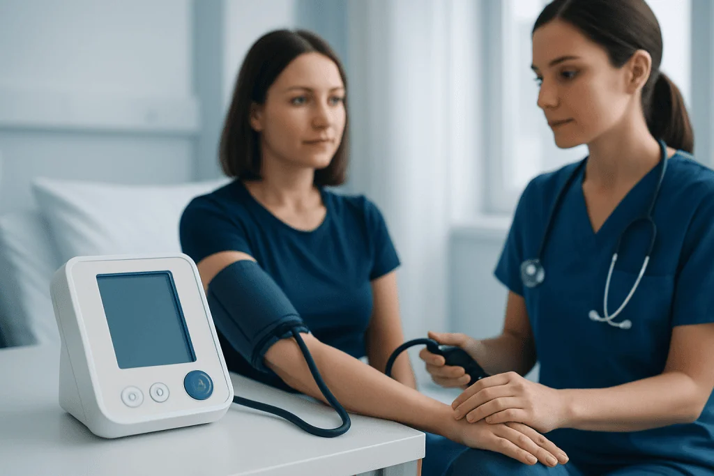 Medical professional measuring blood pressure of a woman patient in clinic.