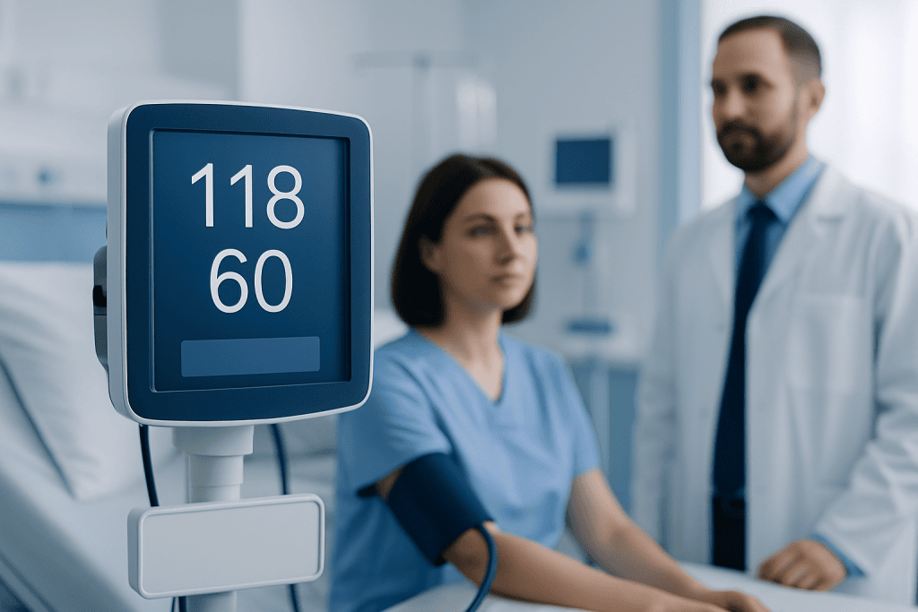 Blood pressure monitor displaying 118/60 reading in a medical setting.