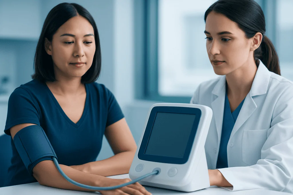 Medical professional measuring blood pressure of a woman in clinic.
