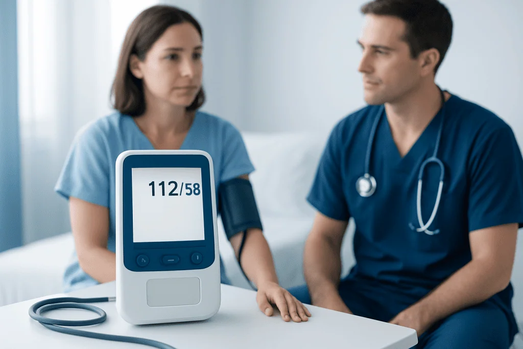 Medical professional measuring blood pressure with digital monitor.