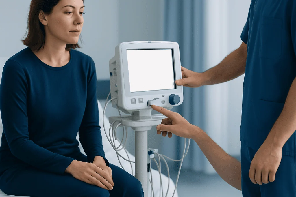 Medical professional examining patient with monitoring equipment at Acibadem Hospital.
