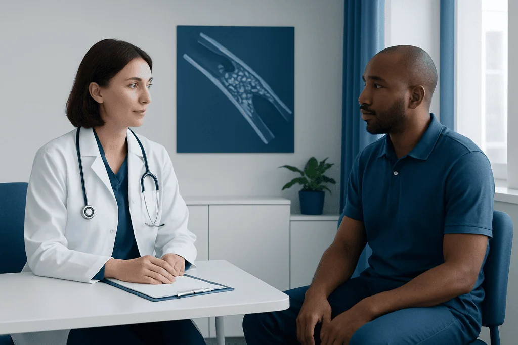 Doctor consulting patient in a medical office with an X-ray image on the wall.