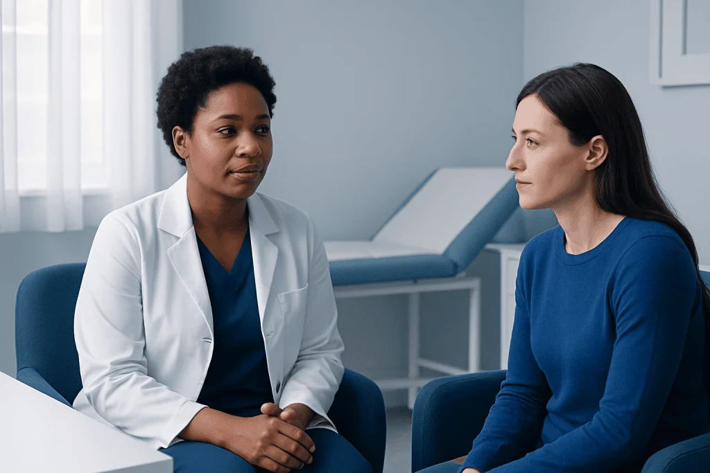 Doctor consulting with patient in a medical office setting.