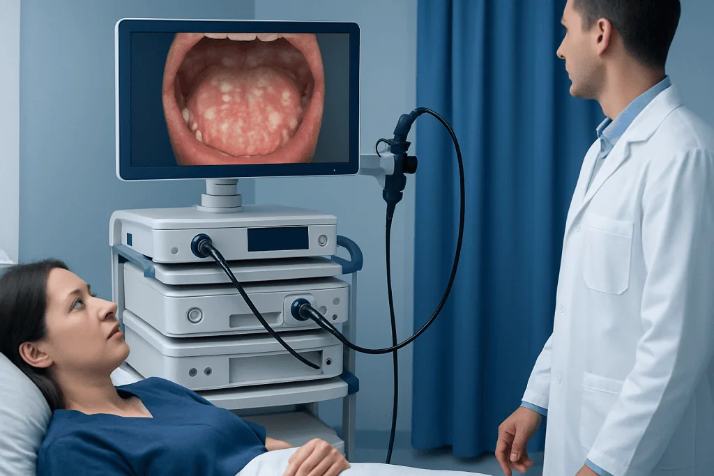 Doctor examines patient's mouth with tongue and throat image on monitor.