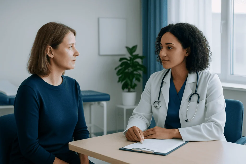 Doctor consulting with a female patient in a medical office setting.
