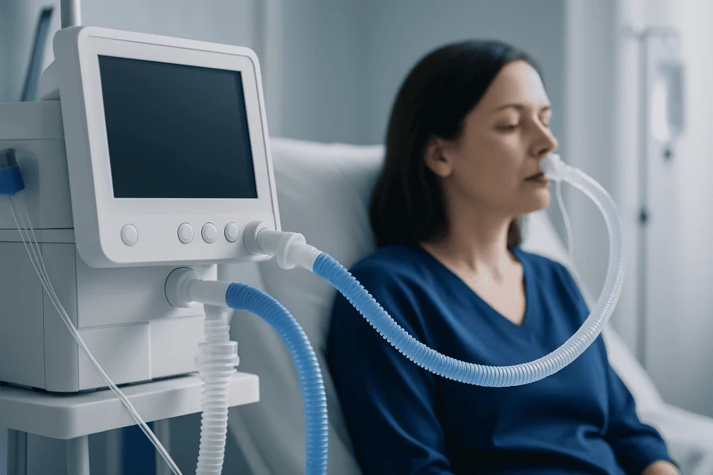Patient using ventilator machine in hospital setting.