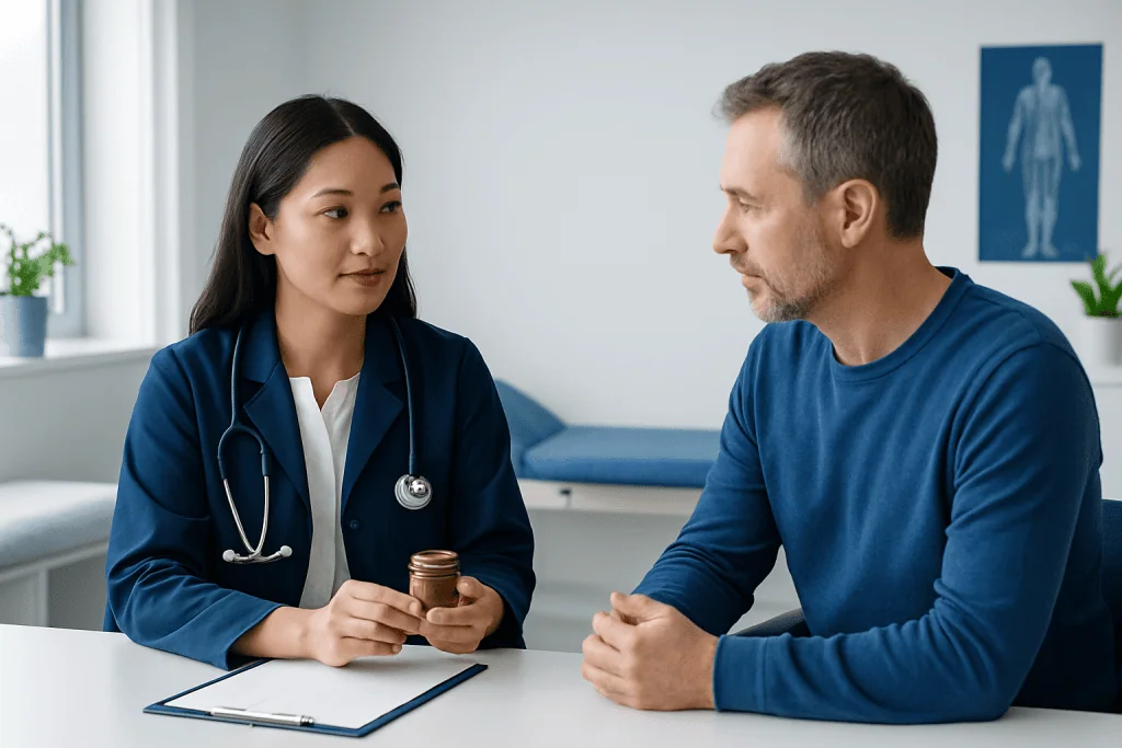 Doctor consulting with patient in a medical office setting.