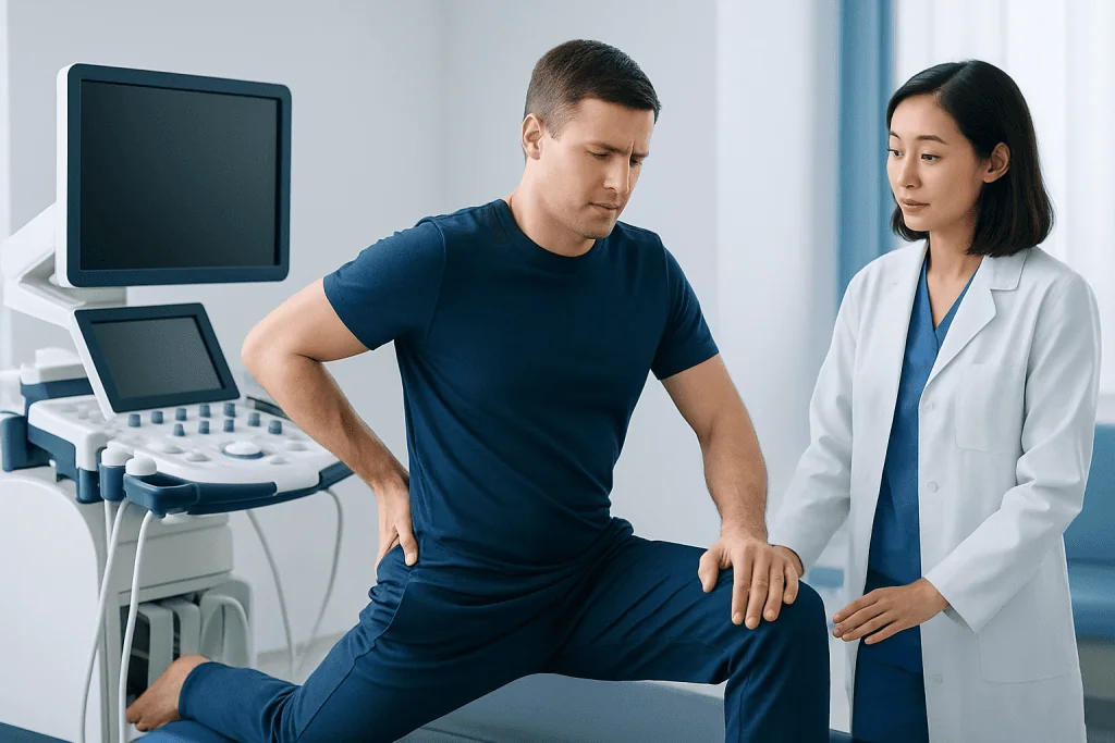Patient performing a stretching exercise with medical supervision in a clinical setting.