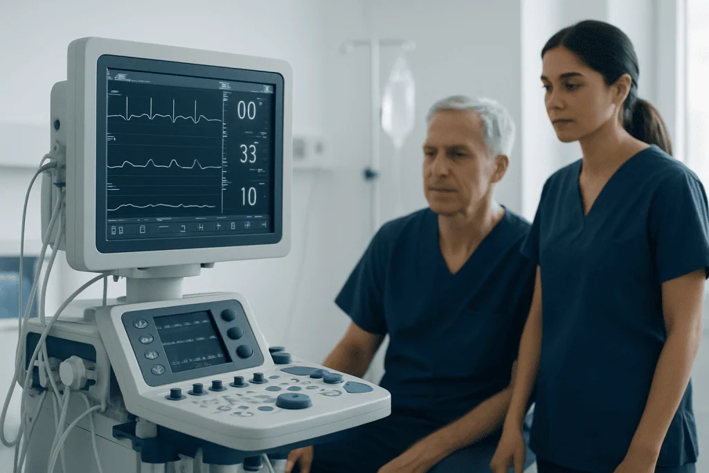 Medical professionals monitor a patient's heart on an ECG machine.