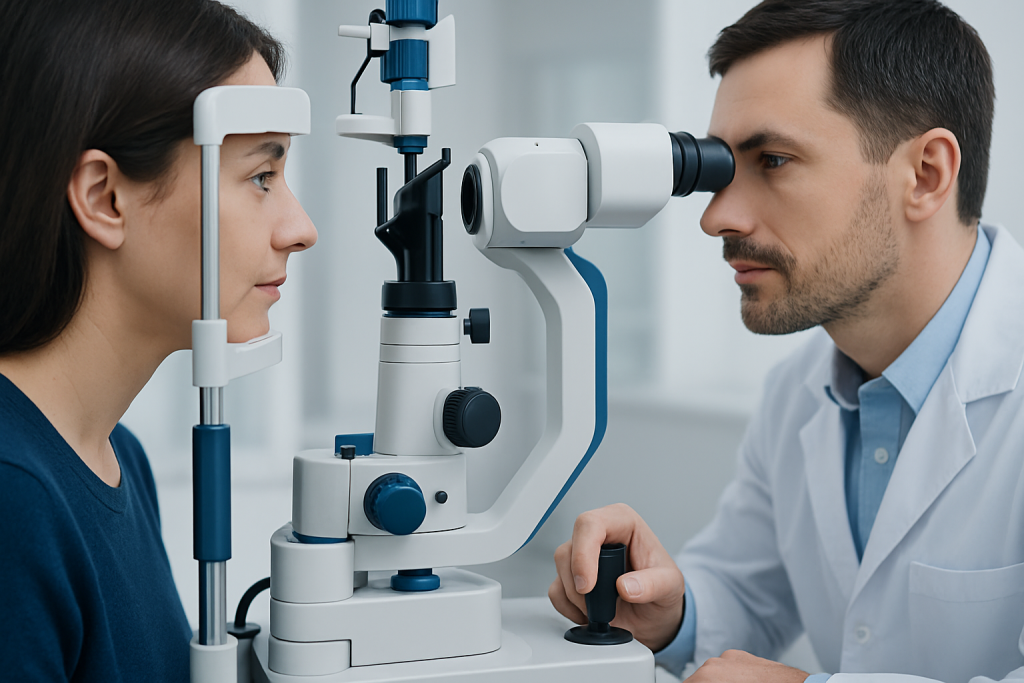 Ophthalmologist examining patient's eye with slit lamp in clinic.