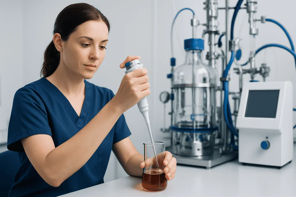 Scientist conducting laboratory experiment with liquids and equipment.