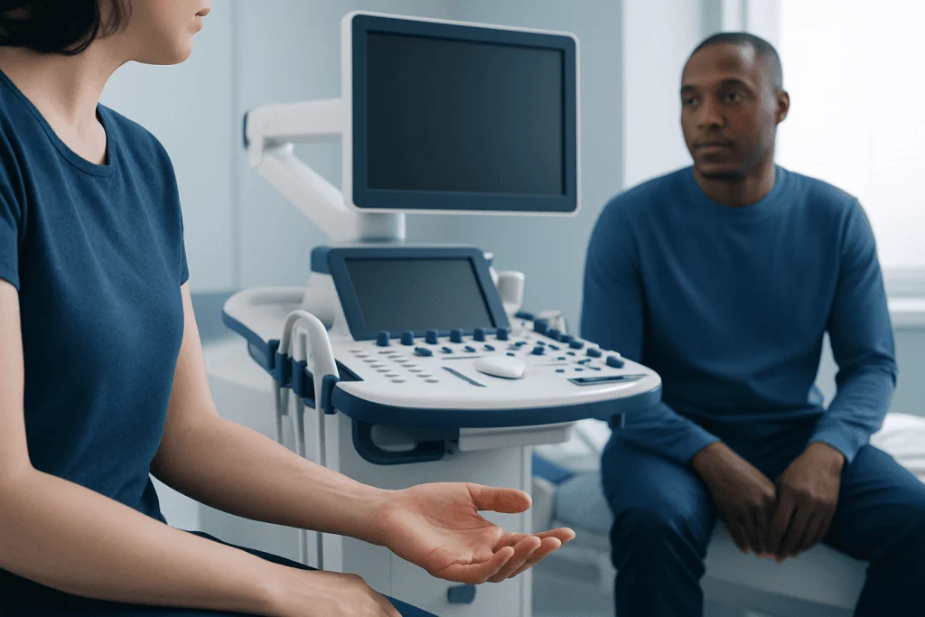 Doctor explaining symptoms to patient during medical consultation.
