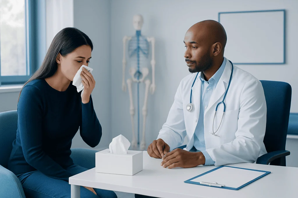 Patient with cold symptoms consulting a doctor in a medical office.