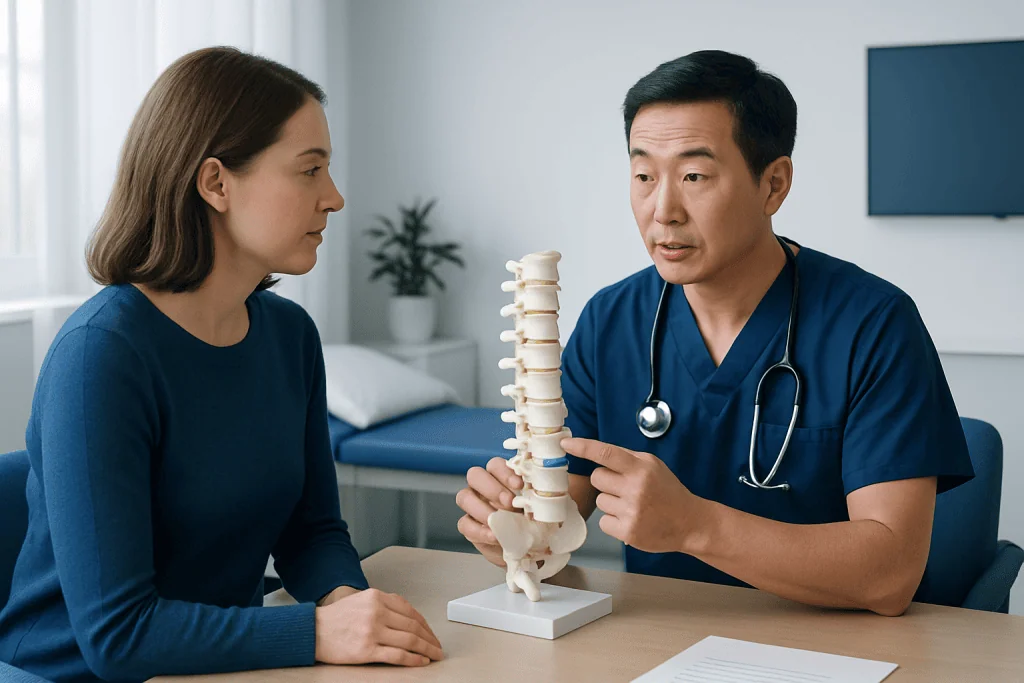 Doctor explaining spinal anatomy to a patient in a medical consultation.