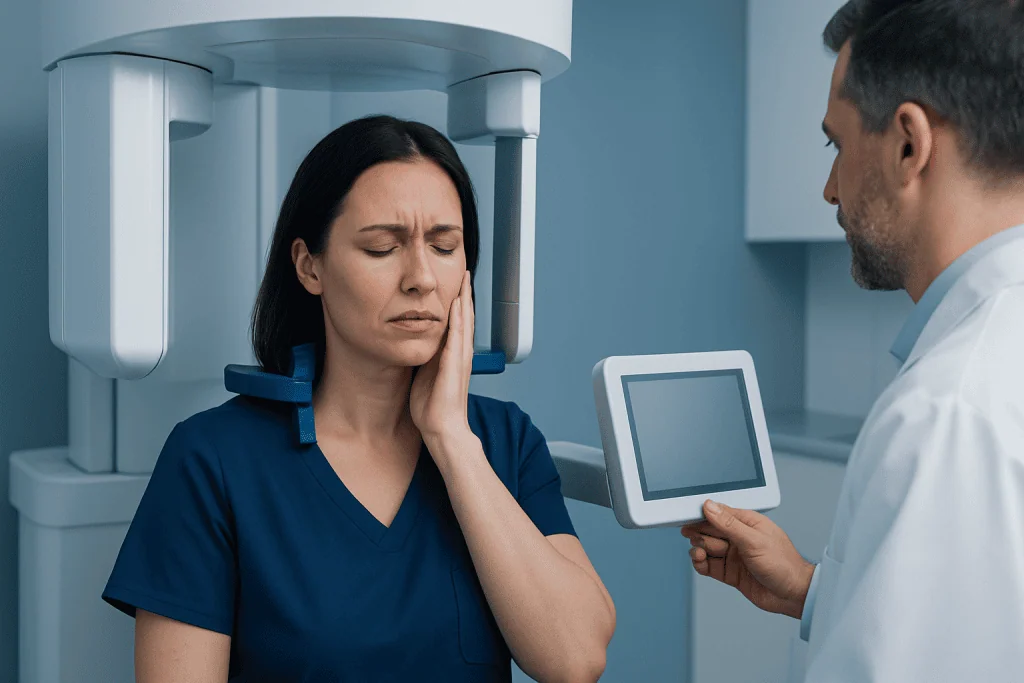 Woman experiencing jaw pain during dental examination at Acibadem Hospital.