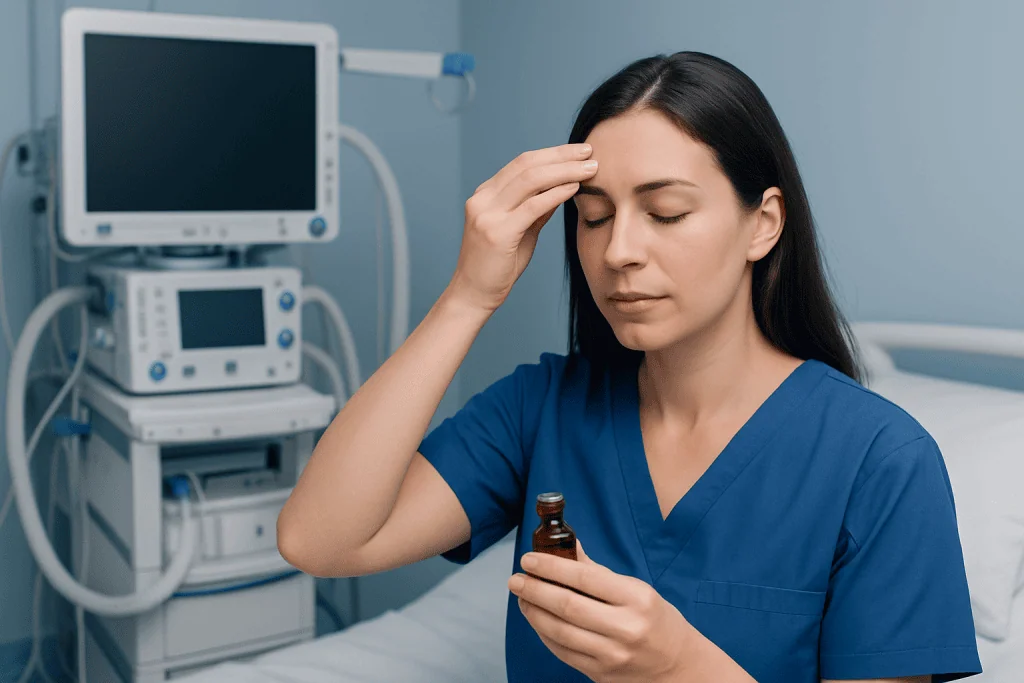Female healthcare professional with headache holding essential oil bottle in hospital.