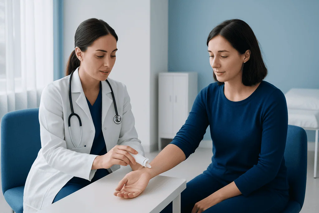 Doctor applying topical cream to patient's arm in a clinical setting.