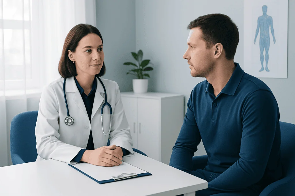 Doctor consulting with male patient in a medical office setting.