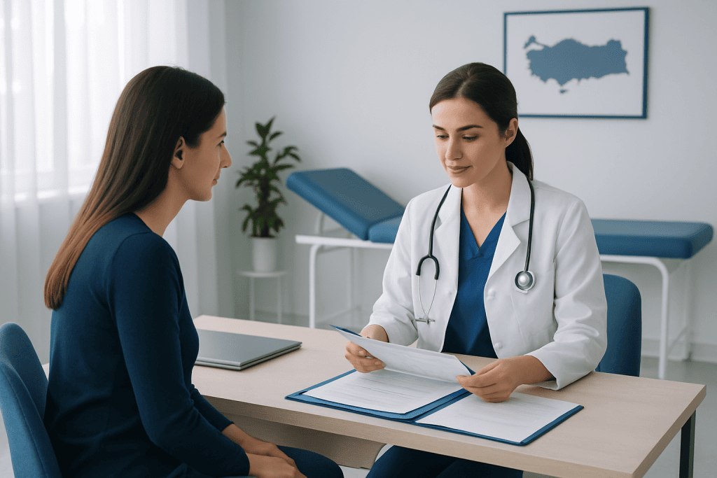 Doctor consulting with patient in a medical office at Acibadem Hospitals Group.