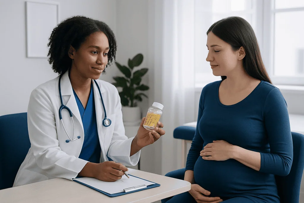 Doctor explaining prenatal vitamins to pregnant woman in clinic setting.