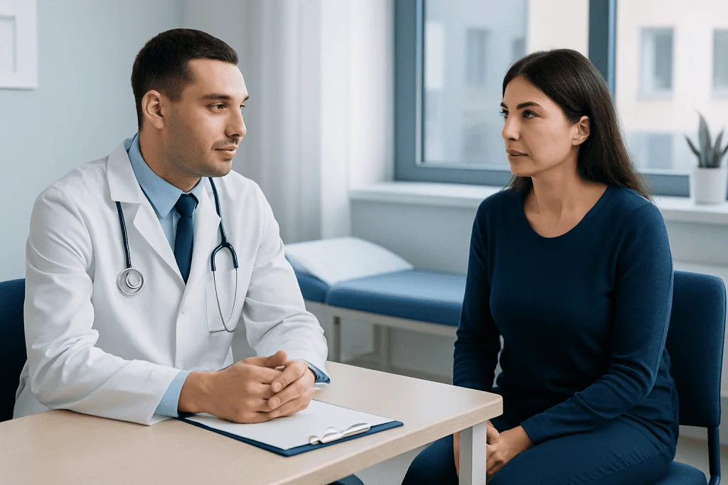 Doctor consulting a patient in a modern hospital room.