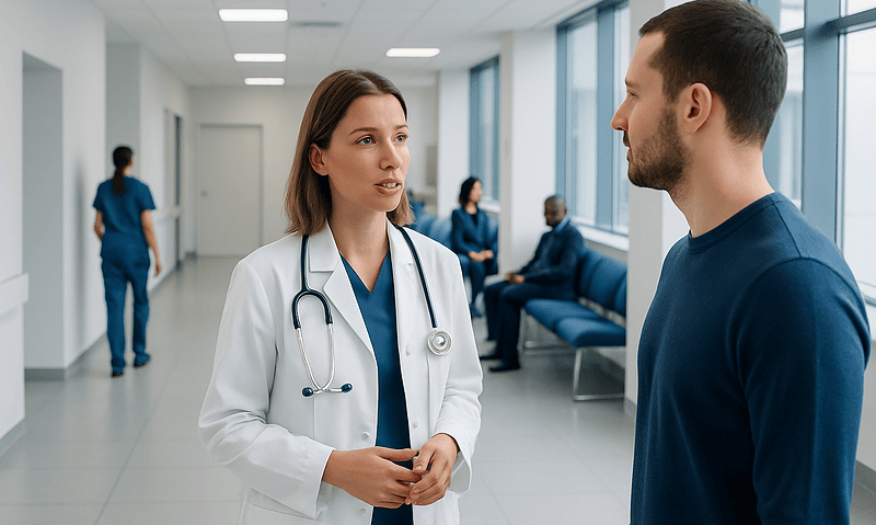 Doctor consulting a patient in a hospital corridor.