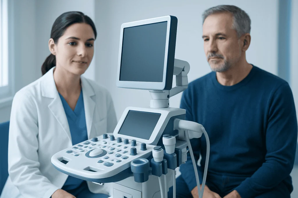 Medical professional and patient using ultrasound machine at Acibadem Hospital.