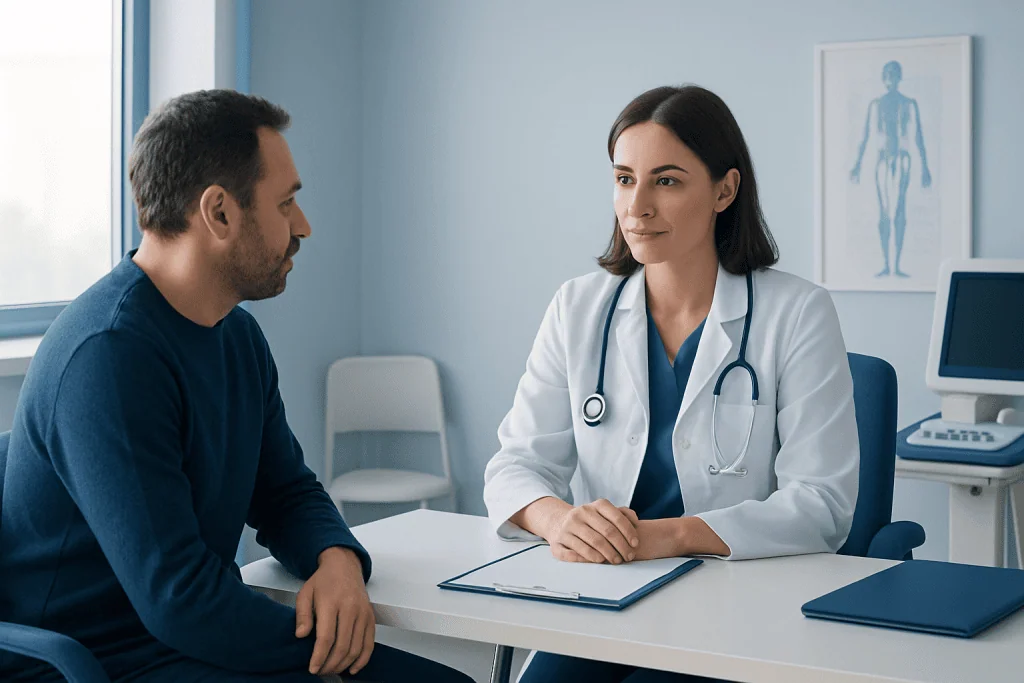 Doctor consulting with patient in a modern hospital room in Turkey.
