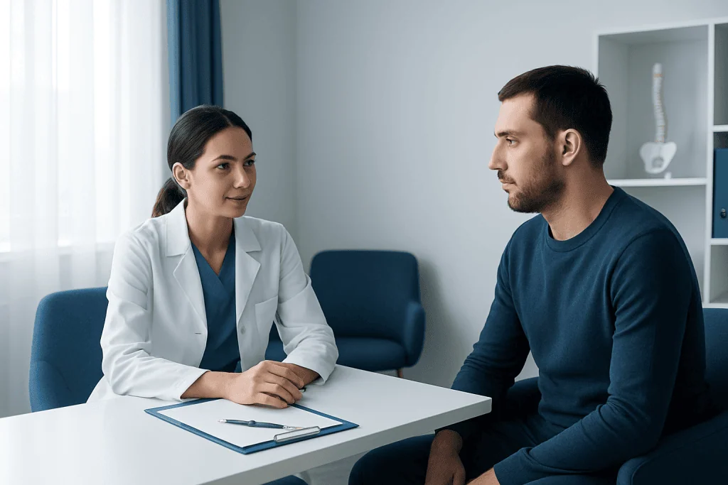 Doctor consulting with patient in a medical office.