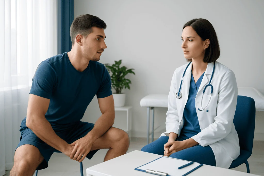 Patient consulting with a doctor in a medical office setting.