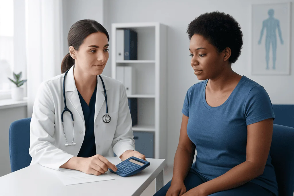 Doctor consulting with patient about body fat and health assessment.