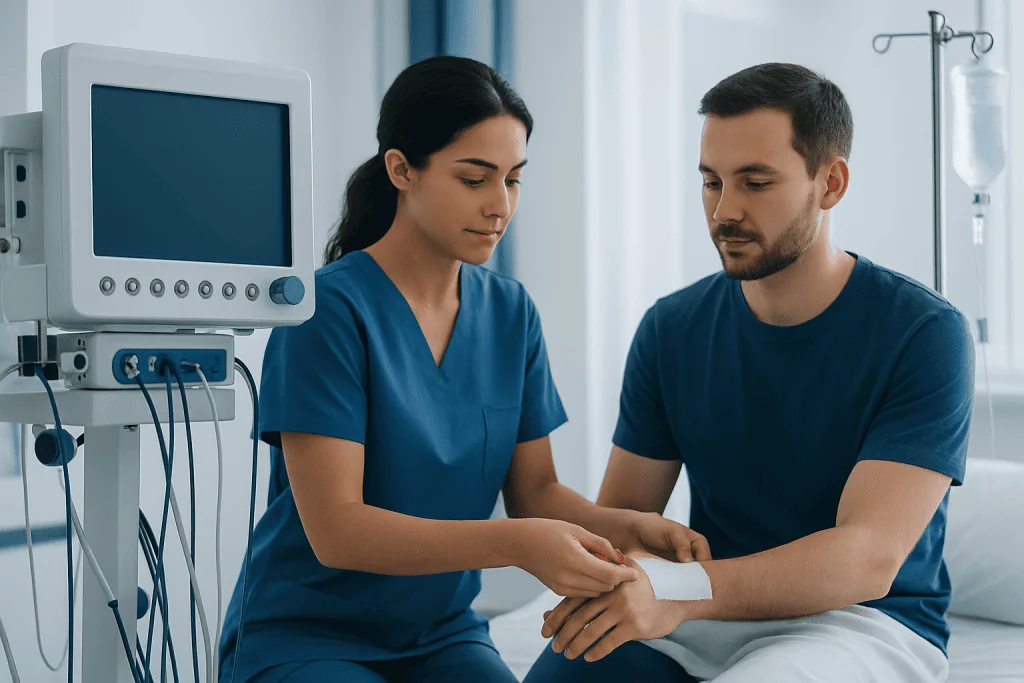 Medical professional assisting patient with wound care in hospital.