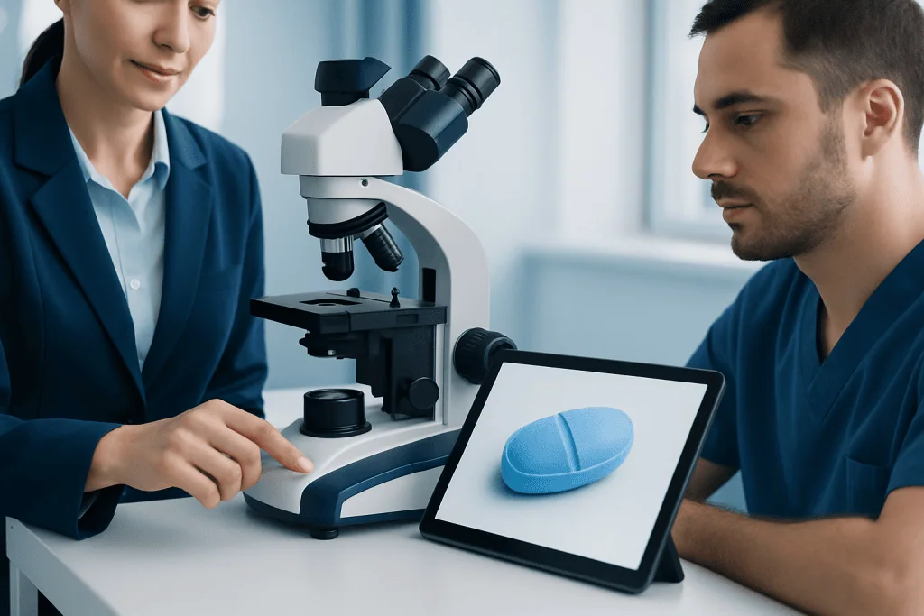 Medical professionals examining a pill with a microscope and digital tablet.