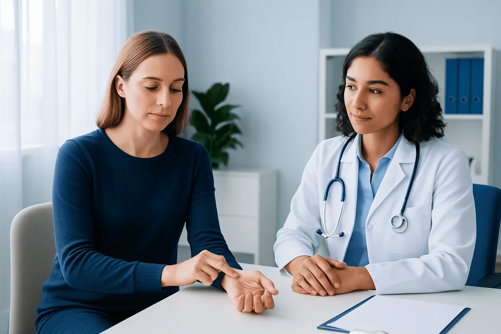Doctor examining patient's wrist in a consultation room.