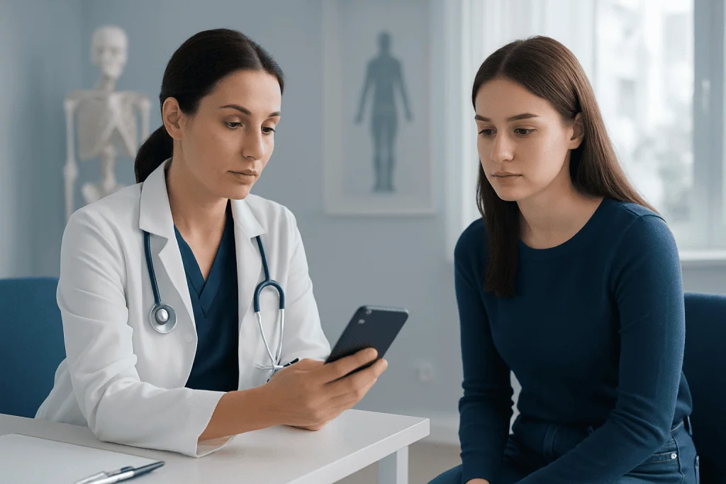 Doctor showing health information on a smartphone to a patient in a clinic.