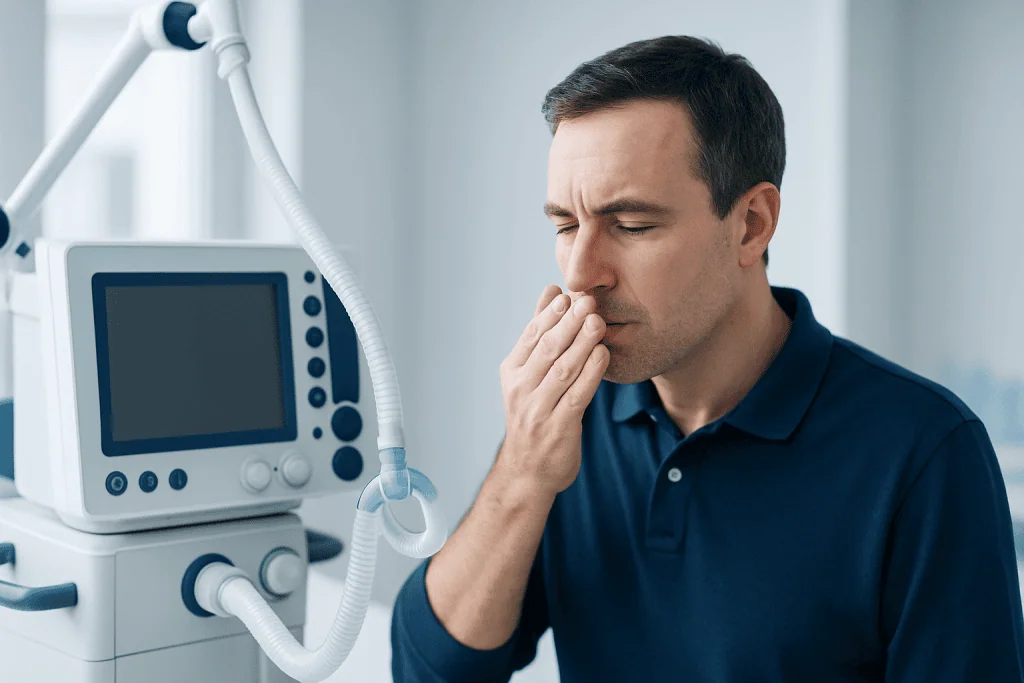 Man experiencing bad breath, holding nose near mouth in medical setting.