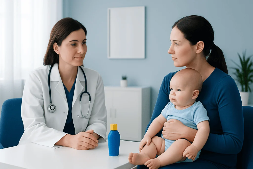 Doctor consulting mother and baby in a clinic setting.