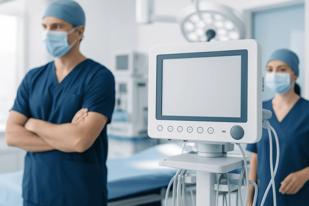 Medical team in operating room with monitor and surgical equipment.