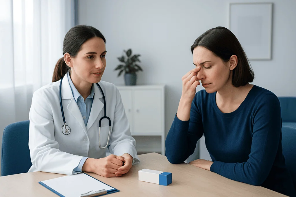Doctor consulting with a patient experiencing sinus discomfort.
