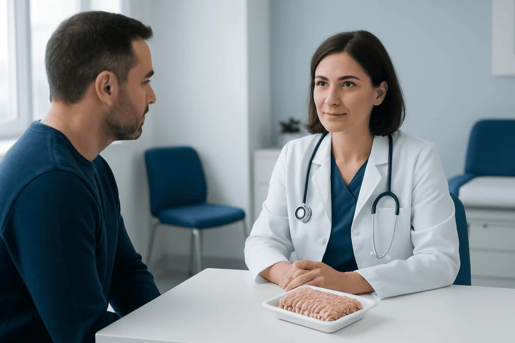 Doctor consulting with patient about ground turkey health concerns in clinic.