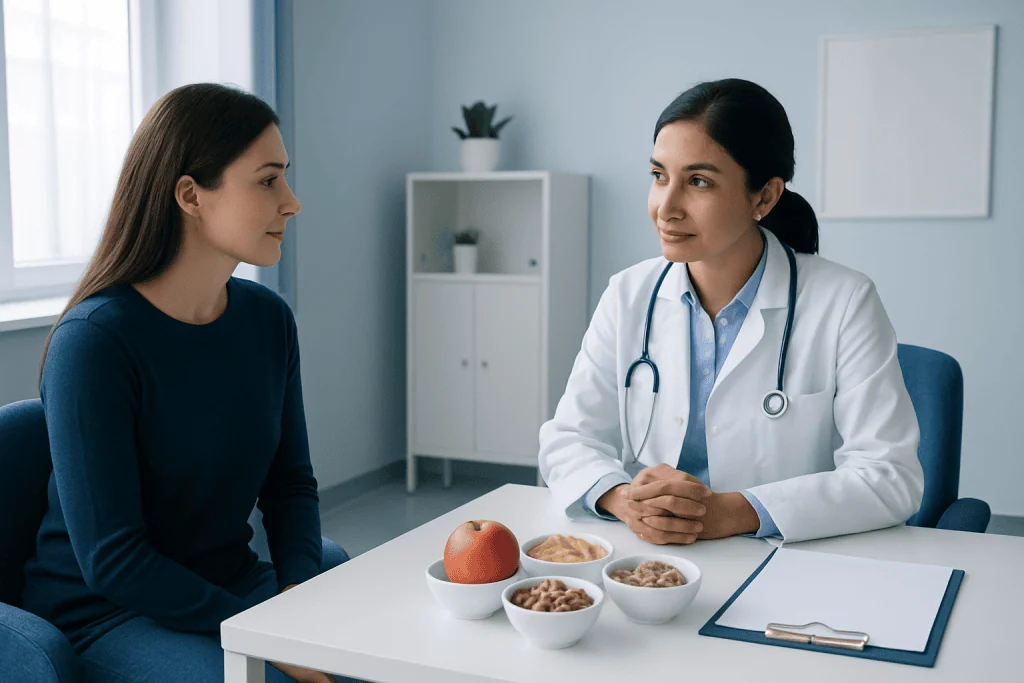 Doctor consulting with a patient about healthy snacks and nutrition.