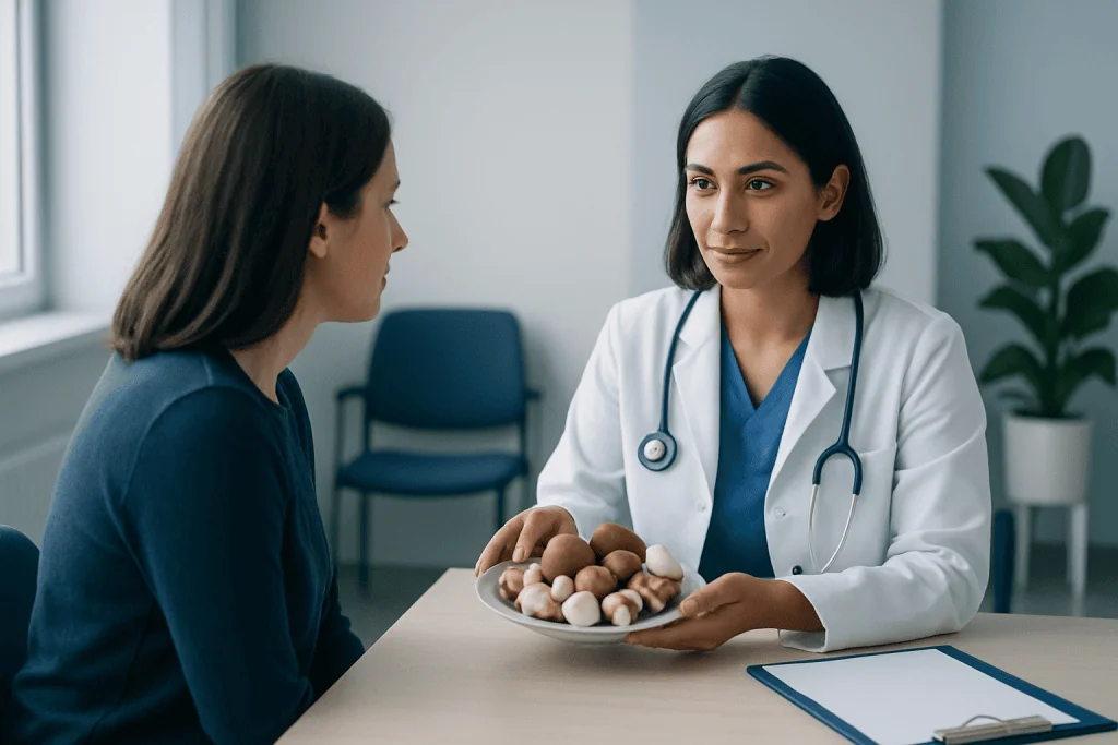 Doctor advising patient about edible mushrooms in a clinical setting.