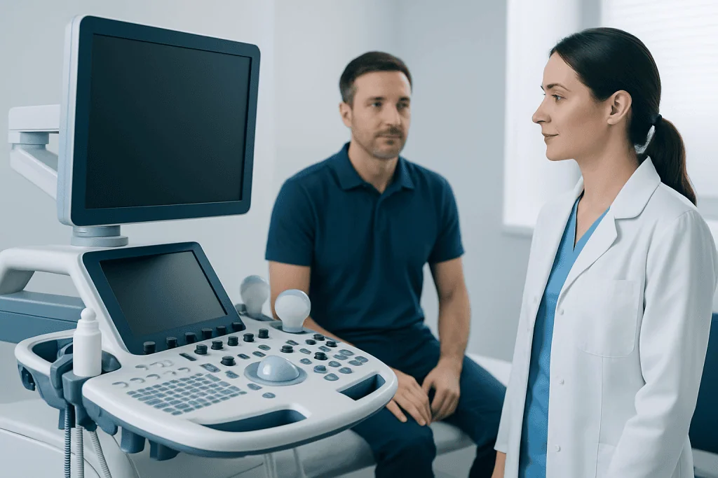 Doctor and patient during ultrasound examination at Acibadem Hospital.