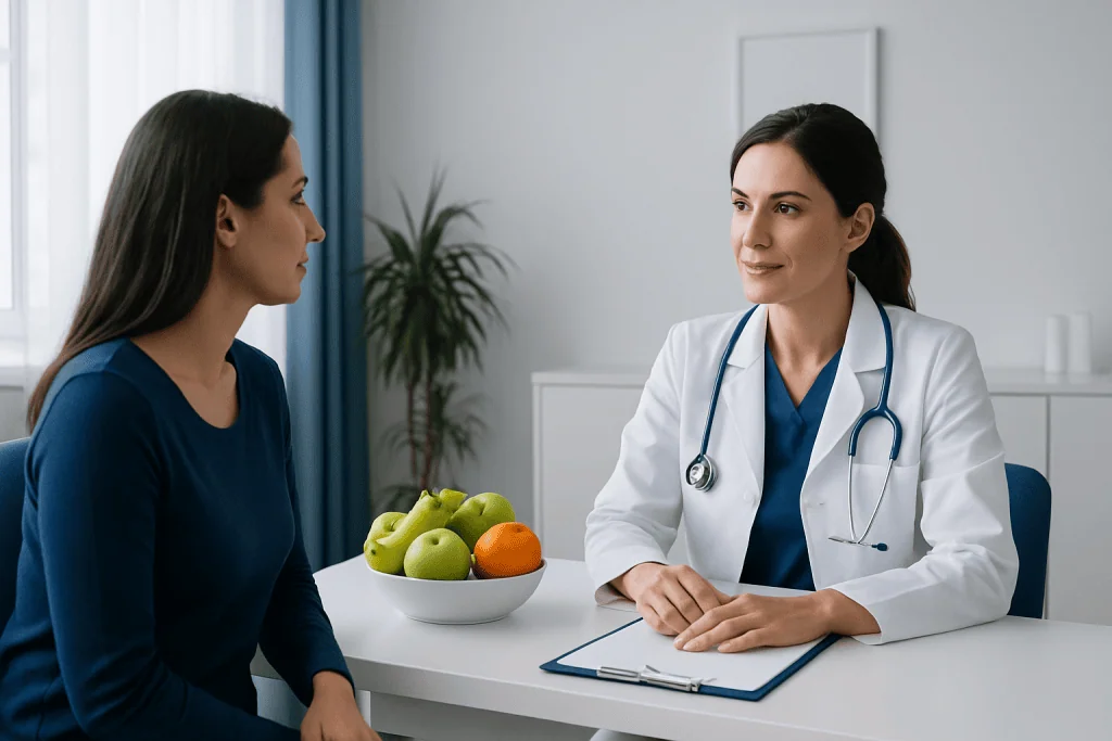 Doctor consulting a patient in a medical office with apples on the table.