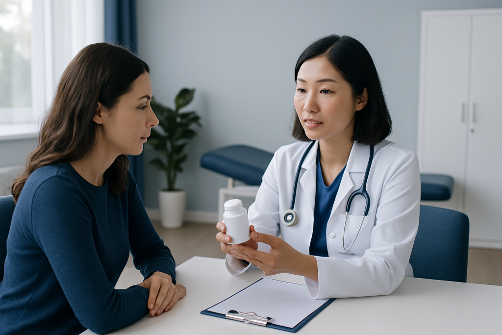 Doctor explaining medication to patient in a clinic setting.