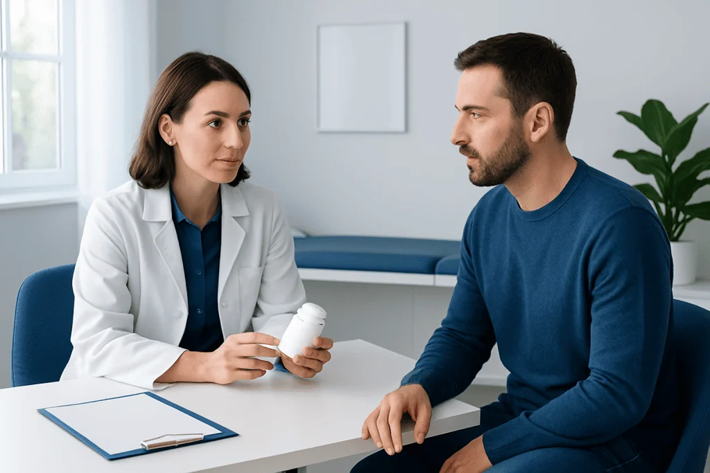 Doctor consulting with male patient in a modern clinic setting.