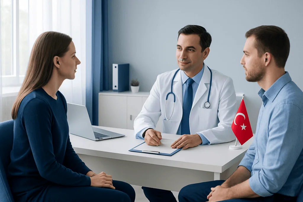 Doctor consulting with two male patients in a medical office in Turkey.