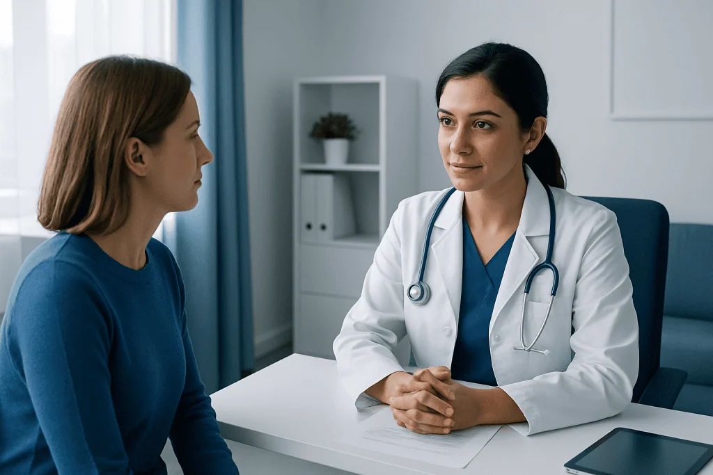 Doctor consulting with a patient in a modern medical office.